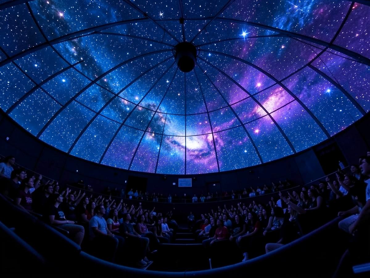 Publikum in einem Planetarium unter einer projizierten Sternenkuppel