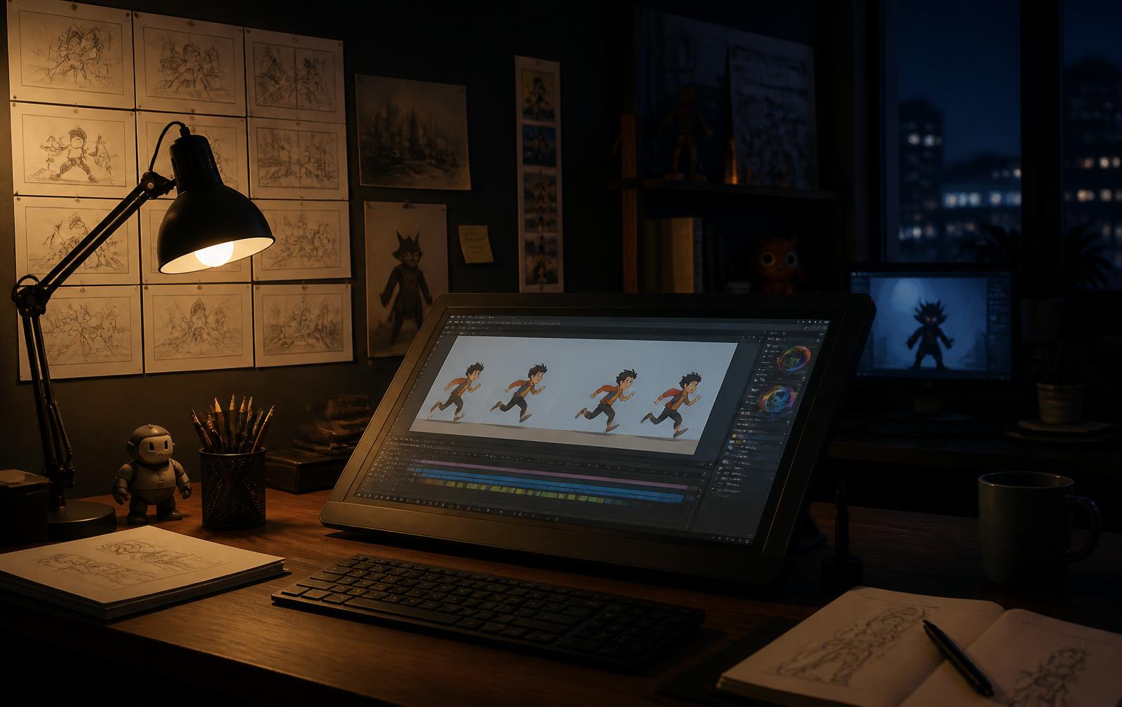 Animationsarbeitsplatz mit Zeichentablett und Storyboards