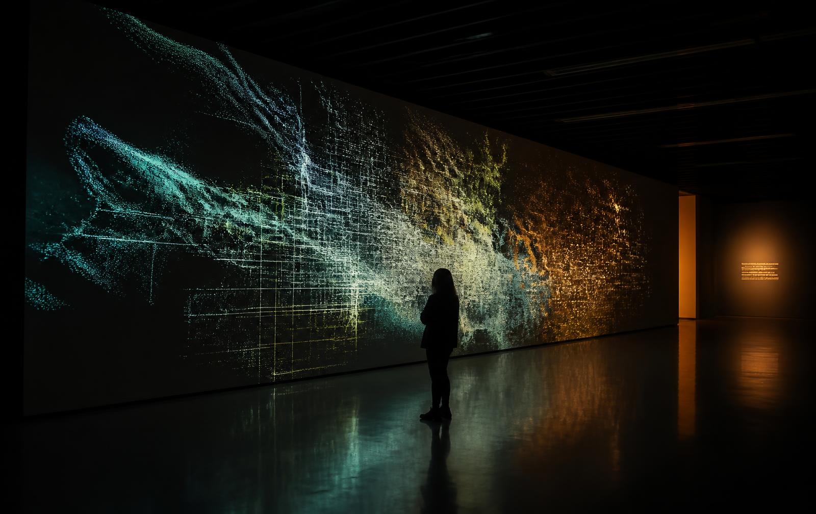 Große Medienwand mit abstrakter Projektion in einer dunklen Ausstellungshalle