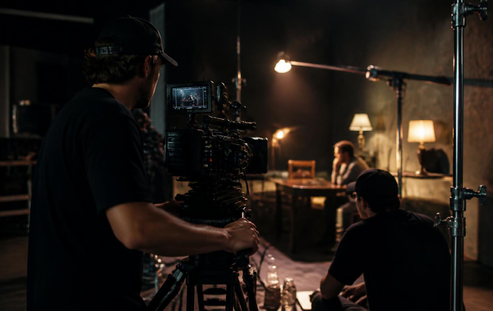 Filmteam mit Kinokamera bei einer Studioaufnahme